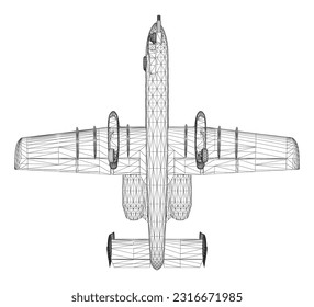 Wireframe Combat-Luftfahrzeuge einzeln auf weißem Hintergrund. Modernes Kampfflugzeug. Stilvolles Bild eines Kampfflugzeugs auf weißem Hintergrund. Vektorbild für Drucke, Poster und Illustrationen. 3D..