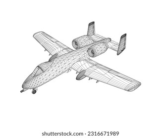 Wireframe Combat aircraft in isolate on a white background. Modern combat aircraft. Stylized image of a fighter jet on a white background. Vector image for prints, poster and illustrations. 3D..