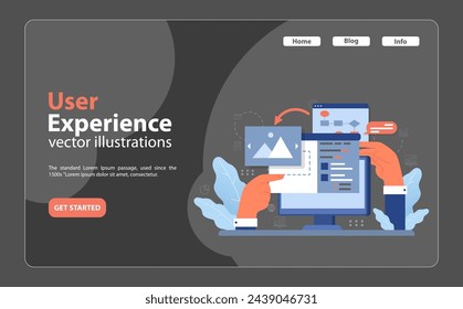 Wireframe concept. Hands adjust image and site layout, illustrating web design foundations. User interface planning, site blueprint, visual content organization. Flat vector illustration