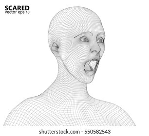 Wireframe of Concerned scared woman. 3d computer generated rendering.