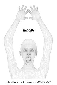 Wireframe of Concerned scared woman. 3d computer generated rendering.