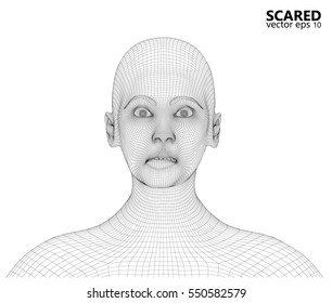 Wireframe of Concerned scared woman. 3d computer generated rendering.