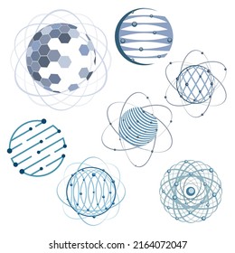 wireframe connecting earth sphere, globe connection concept, set of icons