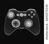 Wireframe controller in black and white wireframe style, isolated on a dark background with clean lines and geometric details. The game joystick features a minimalist design, highlighting buttons