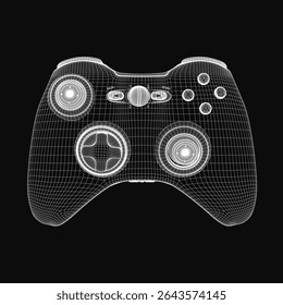 Wireframe controller in black and white wireframe style, isolated on a dark background with clean lines and geometric details. The game joystick features a minimalist design, highlighting buttons