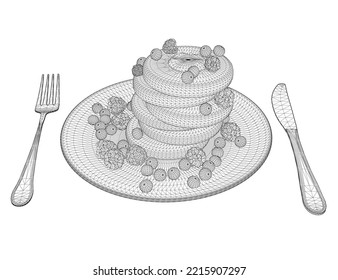 Fotograma de galletas con bayas sobre un plato con una cuchara y tenedor de líneas negras aisladas en un fondo blanco. Postre con frambuesas. Vista isométrica. 3 D. Ilustración vectorial.