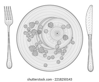 Fotograma de galletas con bayas sobre un plato con una cuchara y tenedor de líneas negras aisladas en un fondo blanco. Postre con frambuesas. Vista desde arriba. 3 D. Ilustración vectorial.