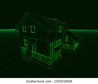 Wireframe of the cottage of green lines on a dark background. 3D. Vector illustration