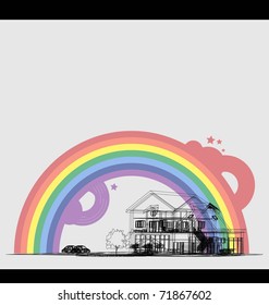 Wireframe Of Cottage with rainbow