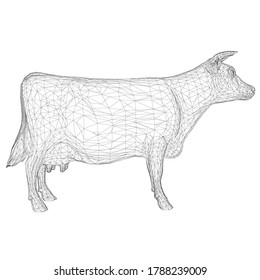Wireframe of a cow from black lines on a white background. Side view. 3D. Vector illustration
