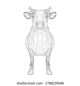 Wireframe of a cow from black lines on a white background. Front view. 3D. Vector illustration