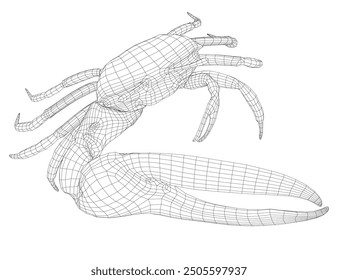 Wireframe of a crab with one huge claw made of black lines isolated on a white background.
