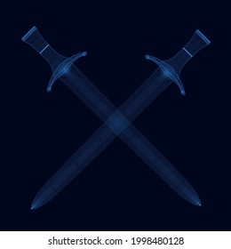 Marco de cable de espadas antiguas cruzadas de líneas azules sobre un fondo oscuro. 3 D. Ilustración del vector