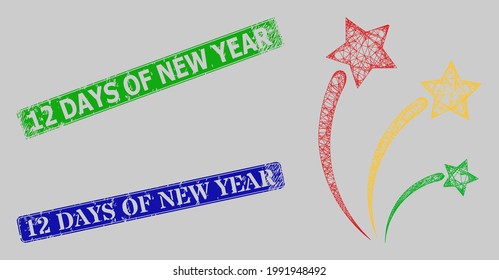 Wireframe crossing mesh festival sparks model, and 12 Days of New Year blue and green rectangular rubber stamp seals. Frame net mesh image created from festival sparks pictogram.