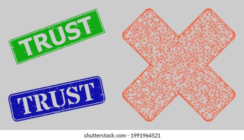 Wireframe crossing mesh reject model, and Trust blue and green rectangle corroded seal prints. Frame net mesh image is based on reject pictogram. Stamps include Trust caption inside rectangle frame.