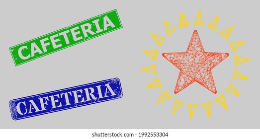 Wireframe crossing mesh star shine model, and Cafeteria blue and green rectangle corroded stamp seals. Carcass net mesh image created from star shine icon.