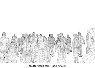 Wireframe crowd of people from black lines isolated on white background. 3D. Vector illustration