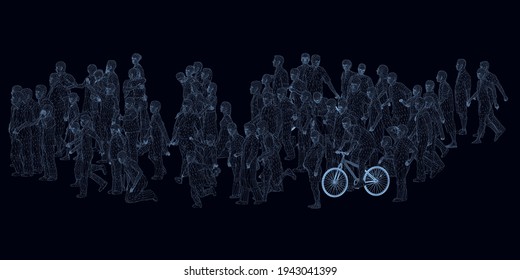 Wireframe of a crowd of people from blue lines on a dark background. People of different ages, in different positions. 3D. Vector illustration