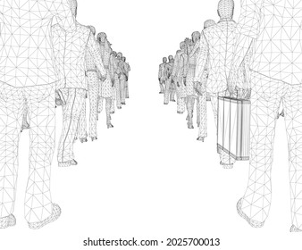 Wireframe crowd of people standing in a row from two sides from black lines isolated on white background. 3D. Queue of people. Vector illustration