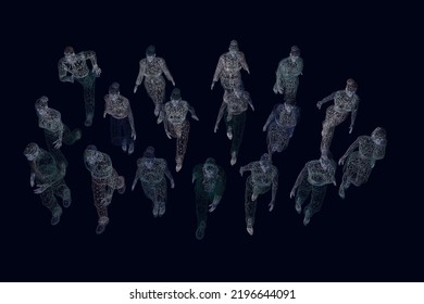 Wireframe Of A Crowd Of Walking People From Multicolored Lines Isolated On A Dark Background. View From Above. 3D. Vector Illustration.