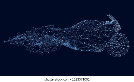 Wireframe of a crumbling abstract motorcycle. Polygonal motorcycle outline of blue lines on a dark background with luminous lights. Side view. Vector illustration.