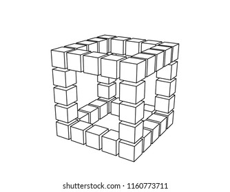 Wireframe cube from cubes. Isolated on white background. Vector outline illustration.