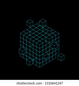 Wireframe cube from small cubes. Big Data concept. Vector outline illustration. Isometric projection.