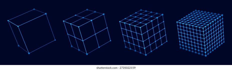 Wireframe Cubes Grid. Connection Structure. Futuristic Digital Technology HUD Hologram Objects. Vector Illustration.