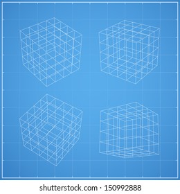 Wireframe of cubic box space on blueprint background - Vector illustration