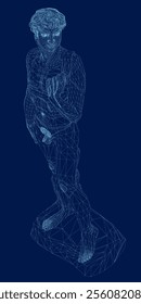 Wireframe david statue of Michelangelo on blue background. 3D. Vector illustration