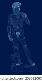 Wireframe david statue of Michelangelo on blue background. 3D. Vector illustration