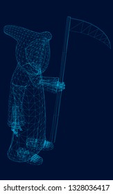 Wireframe of death in the hood and with a scythe. Polygonal death pattern of blue lines on a dark background. 3D. Isometric. Vector illustration.