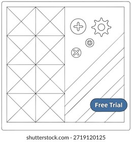 Wireframe design with grid, geometric shapes, and free trial button mockup