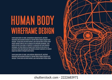 Wireframe design. Human head in en face is made in style of a frame.  Light Lines and strokes on dark background image. Internet, artificial intelligence, Technology Computer Graphics. Vector.