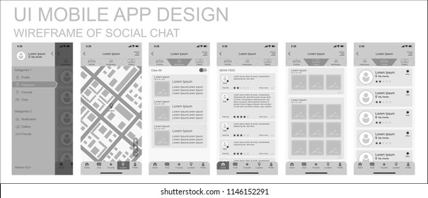 Wireframe design of mobile app UI, UX materials of Social Chat user interface with menu, map, notification, home screen, favorite, profile. Vector EPS10 template.