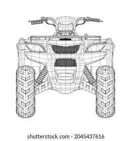 Wireframe of detailed ATV from black lines isolated on white background. Front view. 3D. Vector illustration
