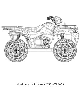 Wireframe of detailed ATV from black lines isolated on white background. Side view. 3D. Vector illustration