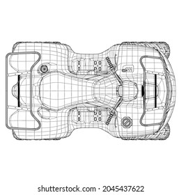 Wireframe von detailliertem ATV aus schwarzen Linien einzeln auf weißem Hintergrund. Von oben anzeigen. 3D. Vektorgrafik