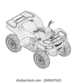 Wireframe of detailed ATV from black lines isolated on white background. Isometric view. 3D. Vector illustration