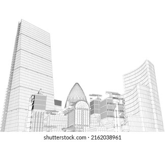 Wireframe of a detailed city with skyscrapers from black lines isolated on a white background. 3D. Vector illustration.