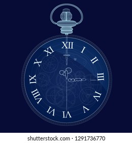 Wireframe detailed pocket watch on a dark blue background. Vintage clockwork pocket watch. Vector illustration.