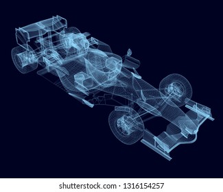 Wireframe Detailed Race Car Of The Blue Lines. Polygonal Racing Car. 3D. Isometric View. Vector Illustration.