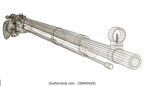 Wireframe detailed rifle. Perspective view. Antique rifle from black lines on a white background. 3D. Vector illustration