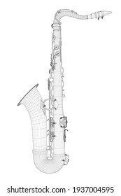 Wire-frame detailed saxophone isolated on white background. Side view. 3D. Vector illustration