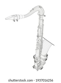Wire-frame detailed saxophone isolated on white background. 3D. Vector illustration