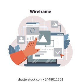 Wireframe-Entwicklungskonzept. Handarbeit des Designers für ein reaktionsfähiges Website-Layout, das wesentliche Elemente und visuelle Hierarchien betont. Benutzerzentriertes Design. flache Vektorillustration