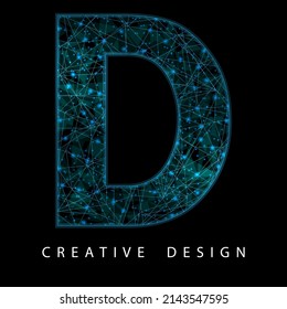 Wireframe Digital D Letter with Low Poly Mesh and Blue Neon. Contemporary Symbol. Digital Font in Futuristic Techno Style. Transparent lines Network Concept for IT brochure, Card or Logo Design.