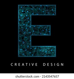 Wireframe Digital E Letter with Low Poly Mesh and Blue Neon. Contemporary Symbol. Digital Font in Futuristic Techno Style. Transparent lines Network Concept for IT brochure, Card or Logo Design.
