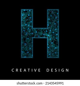 Wireframe Digital H Letter with Low Poly Mesh and Blue Neon. Contemporary Symbol. Digital Font in Futuristic Techno Style. Transparent lines Network Concept for IT brochure, Card or Logo Design.