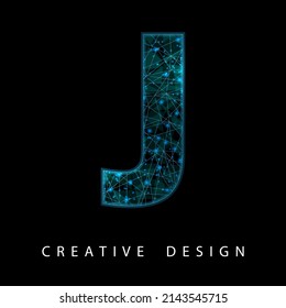 Letra J digital de marco alambrado con malla baja y neón azul. Símbolo contemporáneo. Fuente digital al estilo futurista tecnológico. Líneas transparentes Concepto de red para el diseño de folletos, tarjetas o logotipos de TI.